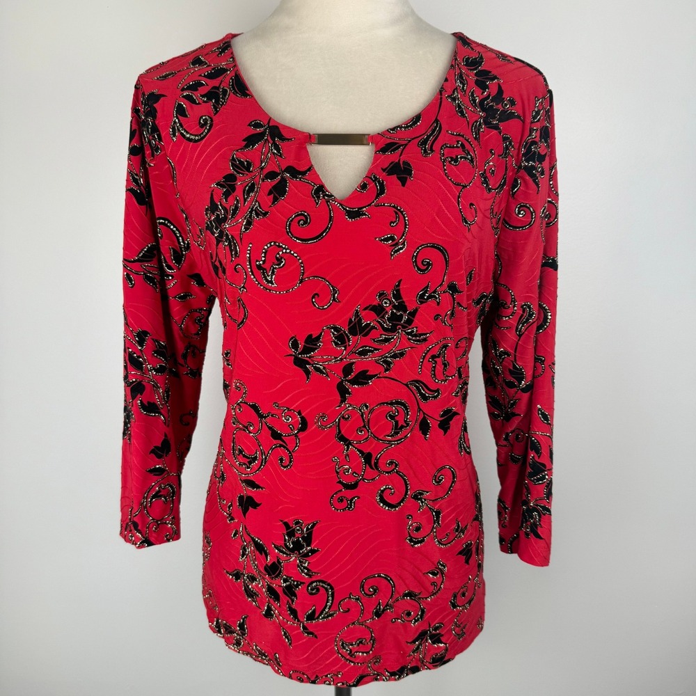 JW Collection Womens Red Black Gold Glitter Floral 3/4 Sleeve Top Gold Bar Sz LG
